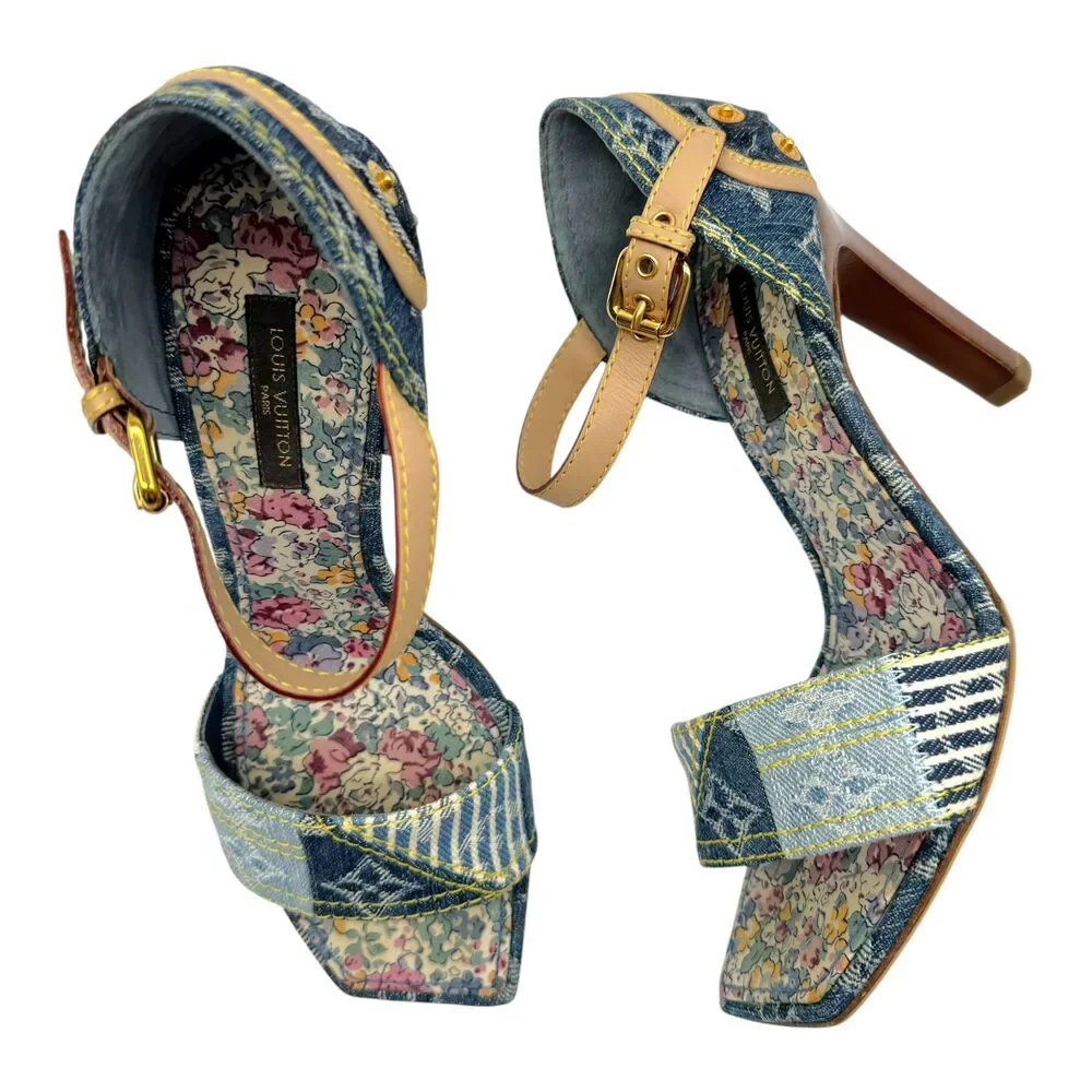 Louis Vuitton Blue Denim Patchwork Sandal Heels
